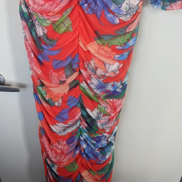 NWOT Red Floral Mesh, Fully Ruched Maxi Dress 3X - Picture 6 of 9